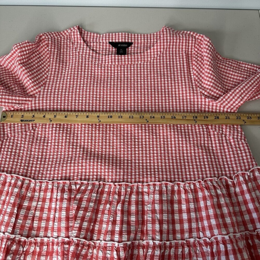 Ali Miles Gingham Ruffle Top Size L Petite Coral White - Picture 8 of 9